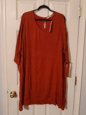 Rust Red V-Neck Long Sleeve Tunic Dress
